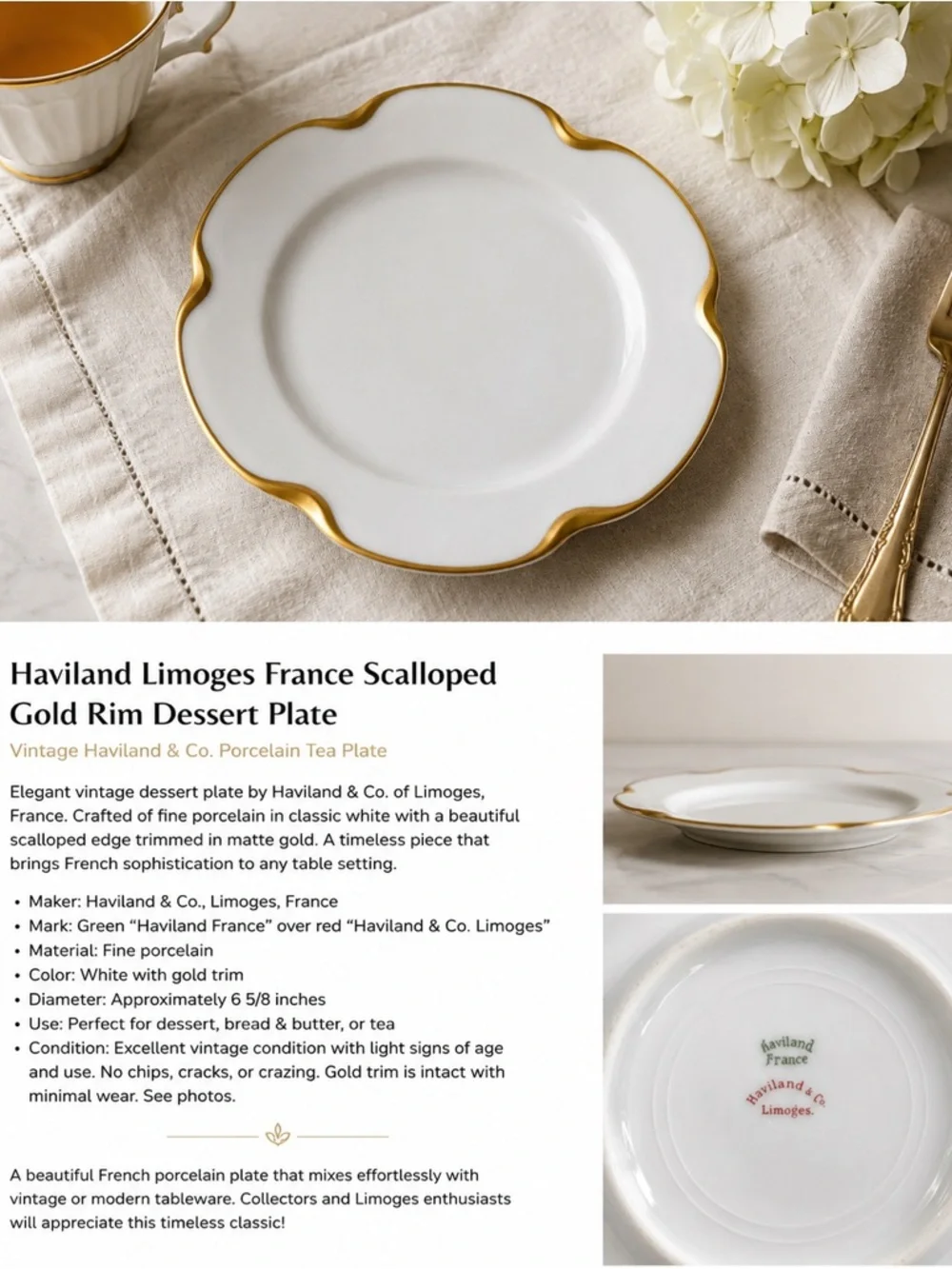 Vintage Haviland Limoges France White Gold Scalloped Dessert Bread Plate 6.5”
